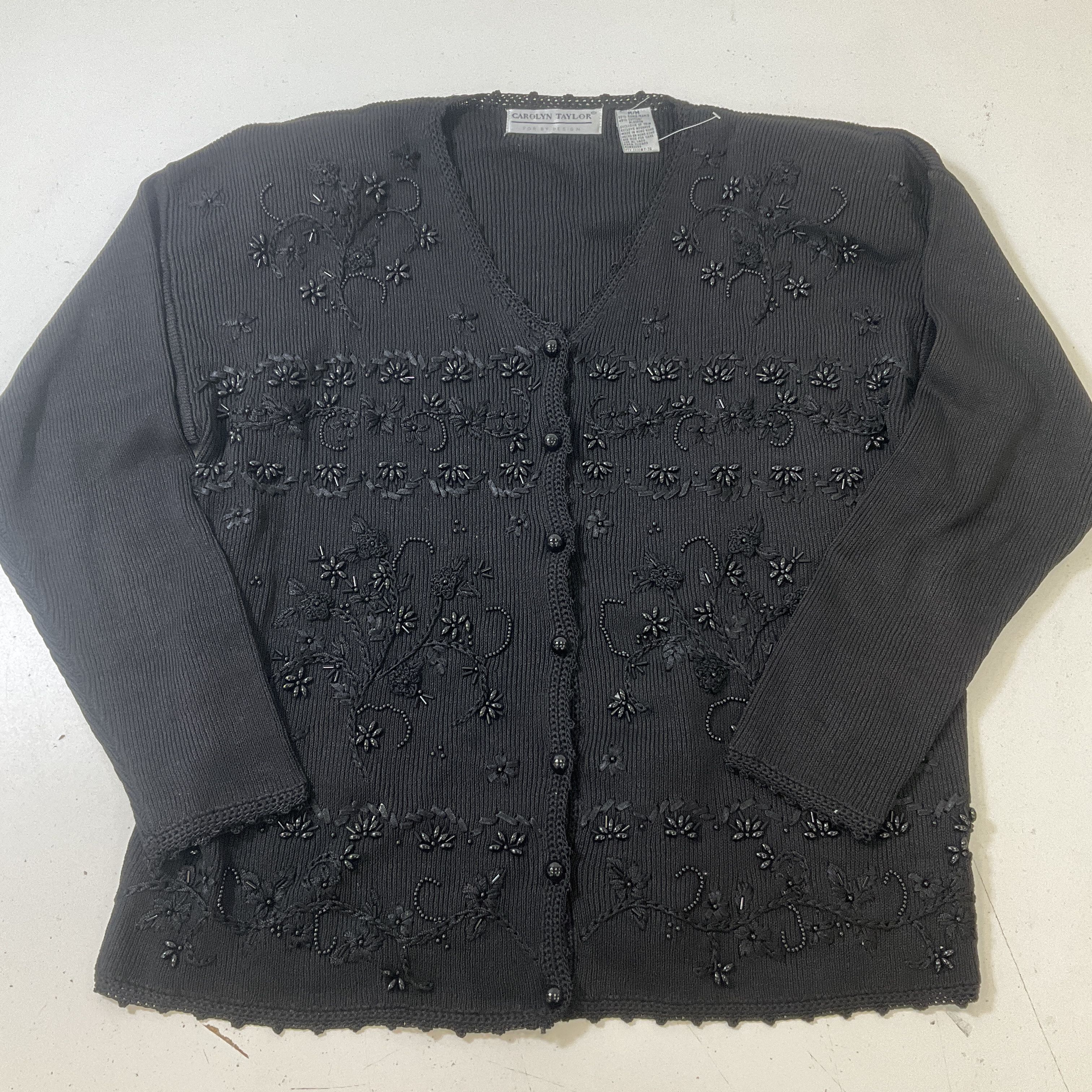 Carolyn Taylor Women's Black Ribbon Embroidery & Beaded Cardigan Size M Vintage