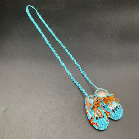 Vintage Miniature Beaded Moccasin Necklace Suede Bootie Turquoise Blue 17"