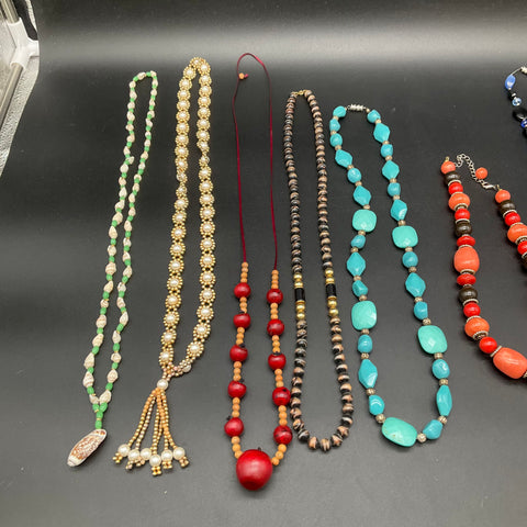 Vintage to Modern Costume Jewelry Necklace Lot 9pc Shell Beaded Faux Pearl Mixed