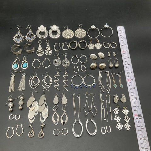 Silver Tone Earrings Lot of 38 Pairs Hoops Dangles Studs Vintage to Modern
