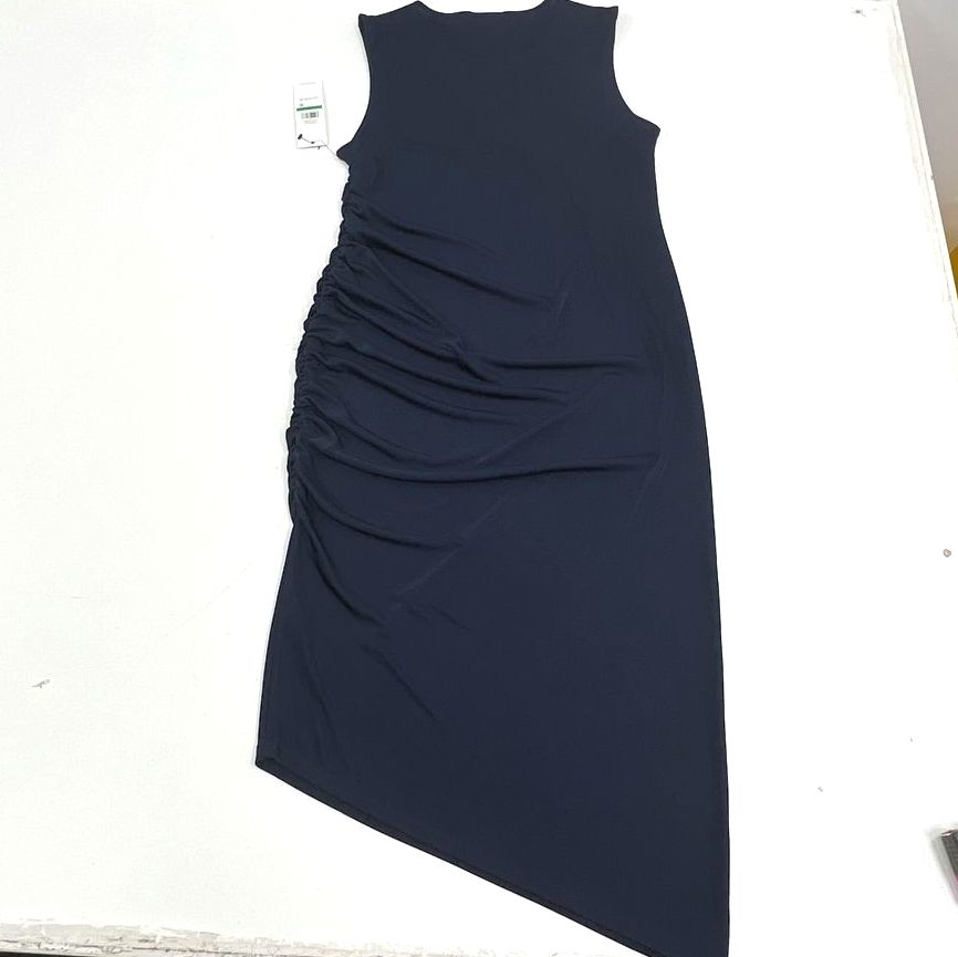 Calvin Klein Sleeveless Ruched Asymmetrical Hem Sheath Dress Navy Blue Size S
