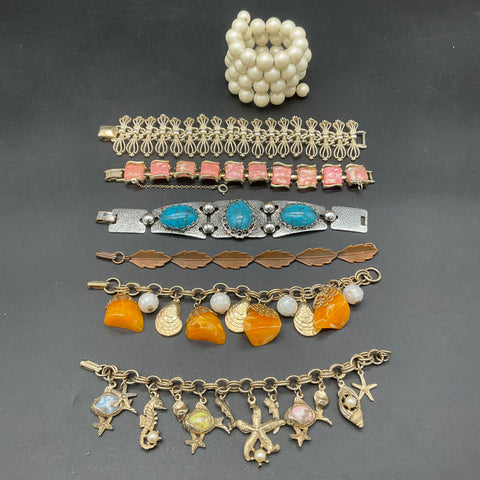 Vintage Monet Signed & Retro Jewelry Lot 7 Bracelets Nautical Faux Pearl Leaf