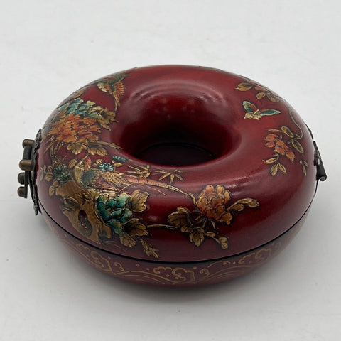 Vintage Chinoiserie Red Lacquer Toroidal Donut Jewelry Box Bird Flower 5"