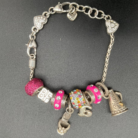 Brighton Silver Tone Charm Bracelet Cheerleader Megaphone Shoe Hearts 7 Inch