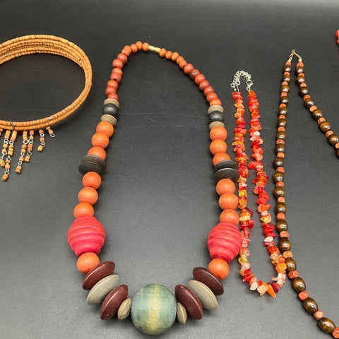 Vintage Boho Jewelry Lot of 7 Tiger's Eye Wood Bead Feather Stone Necklaces