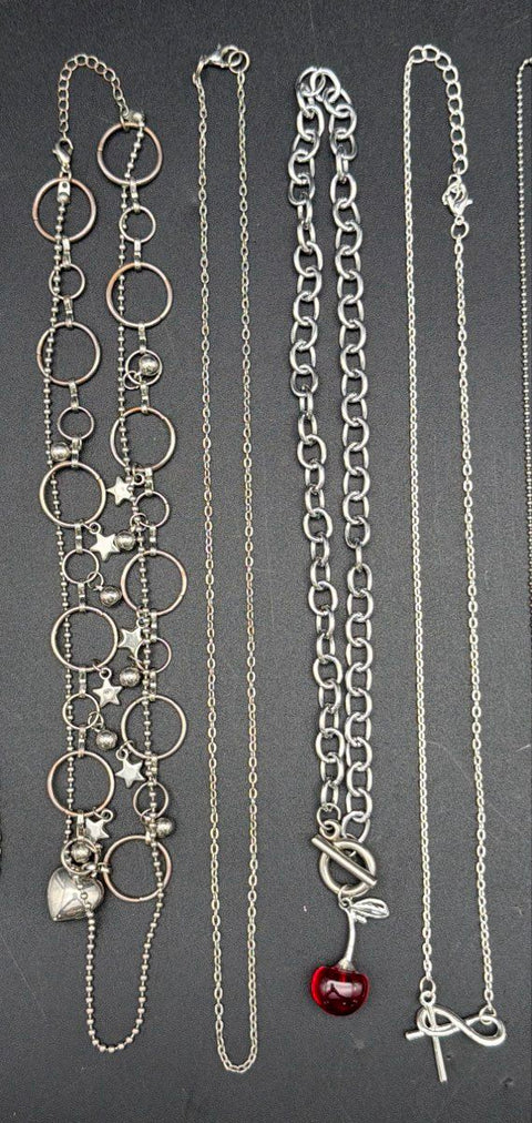 Mixed Costume Jewelry Lot 12 Silver Tone Necklaces Heart Cherry Pendants