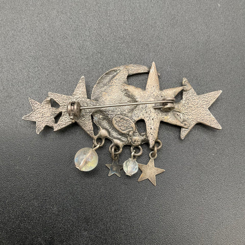 Vintage Kirks Folly Antiqued Silver Tone Celestial Crescent Moon Star Brooch