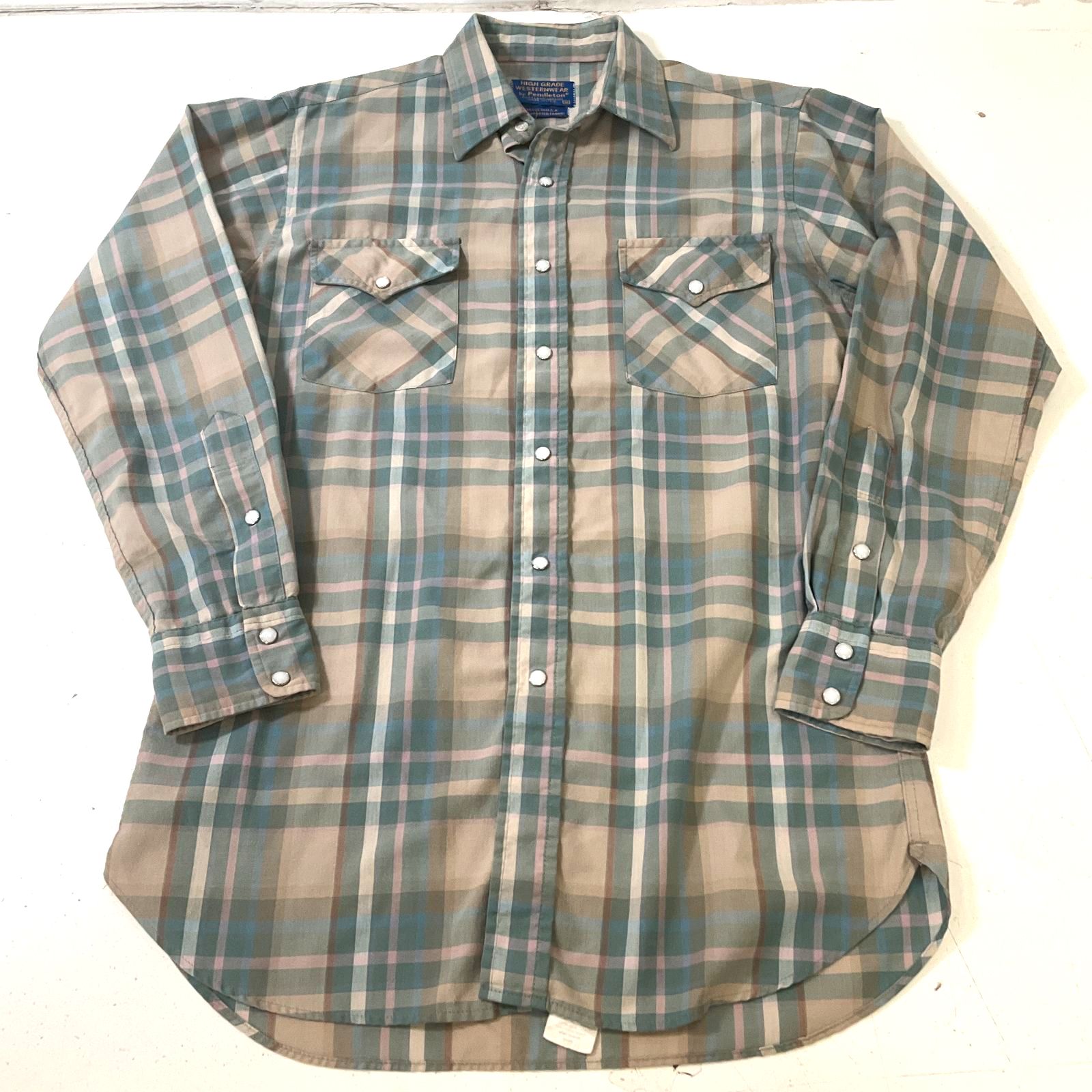 Pendleton High Grade Western Wear Men's Beige Plaid Shirt Sz M Vintage USA Made