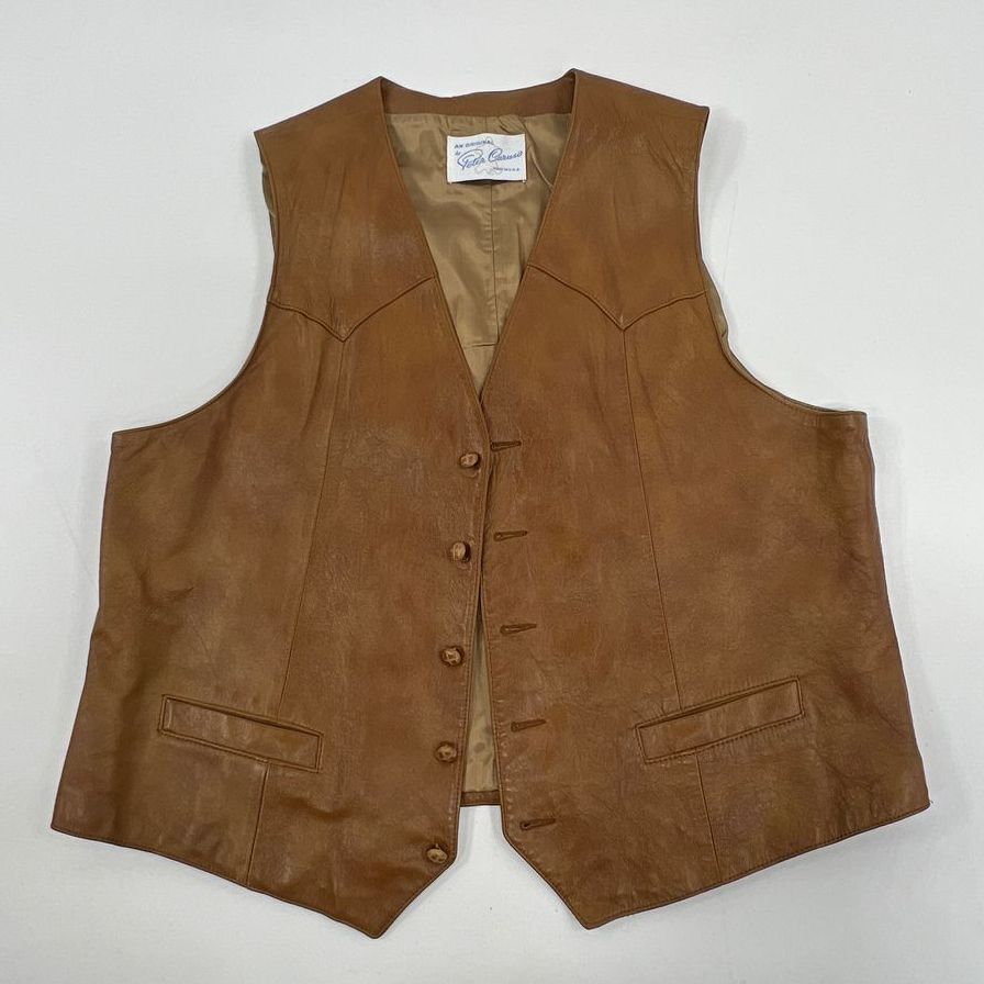 Vintage Men's Peter Caruso Brown Genuine Leather Button Up Vest - Size Medium?