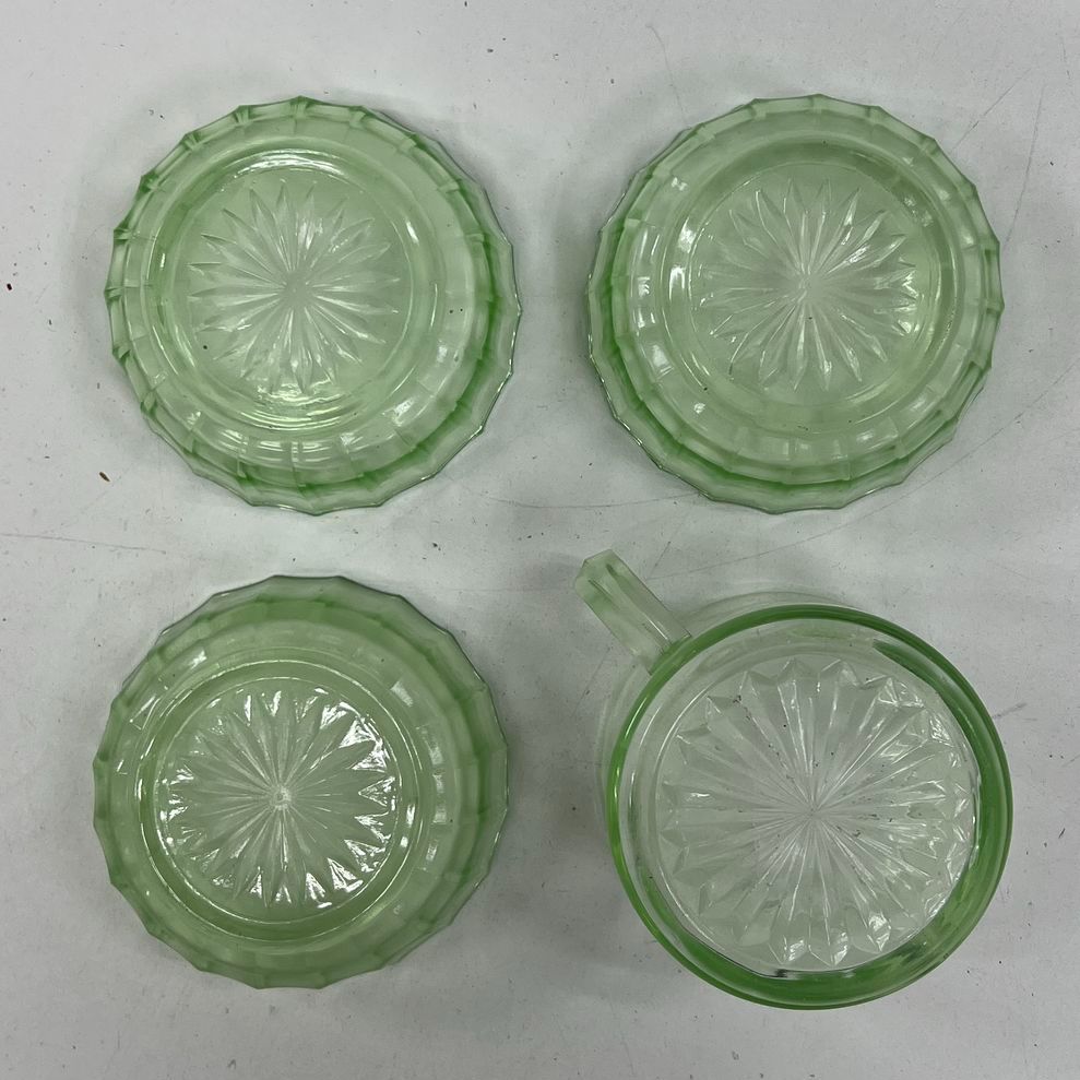 Jeannette Anniversary Green Depression Glass 4pc Lot Creamer & Bowls Vintage
