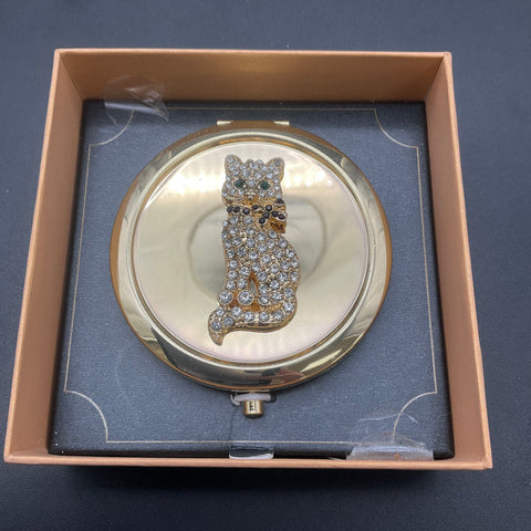 Monet Gold Tone Rhinestone Cat Compact Mirror Double Sided