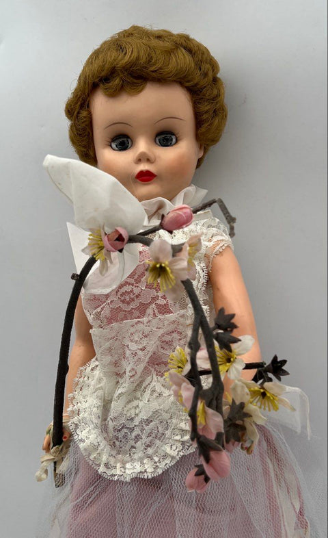 Vintage Effanbee 27 Inch Doll Pink Lace Dress Blue Eyes Red Nails