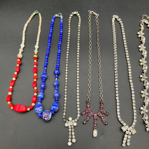 Vintage Mid-Century Costume Jewelry Lot 7 Necklaces Rhinestone Beaded
