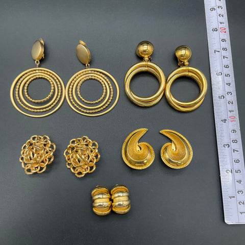 Vintage Gold Tone Clip On Earrings Lot 5 Pairs Chunky 1980s Retro Fashion