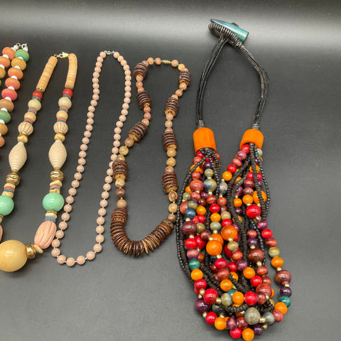 Boho Ethnic Wood Bead Jewelry Lot of 6 Necklaces Tribal Multi-strand Eclectic