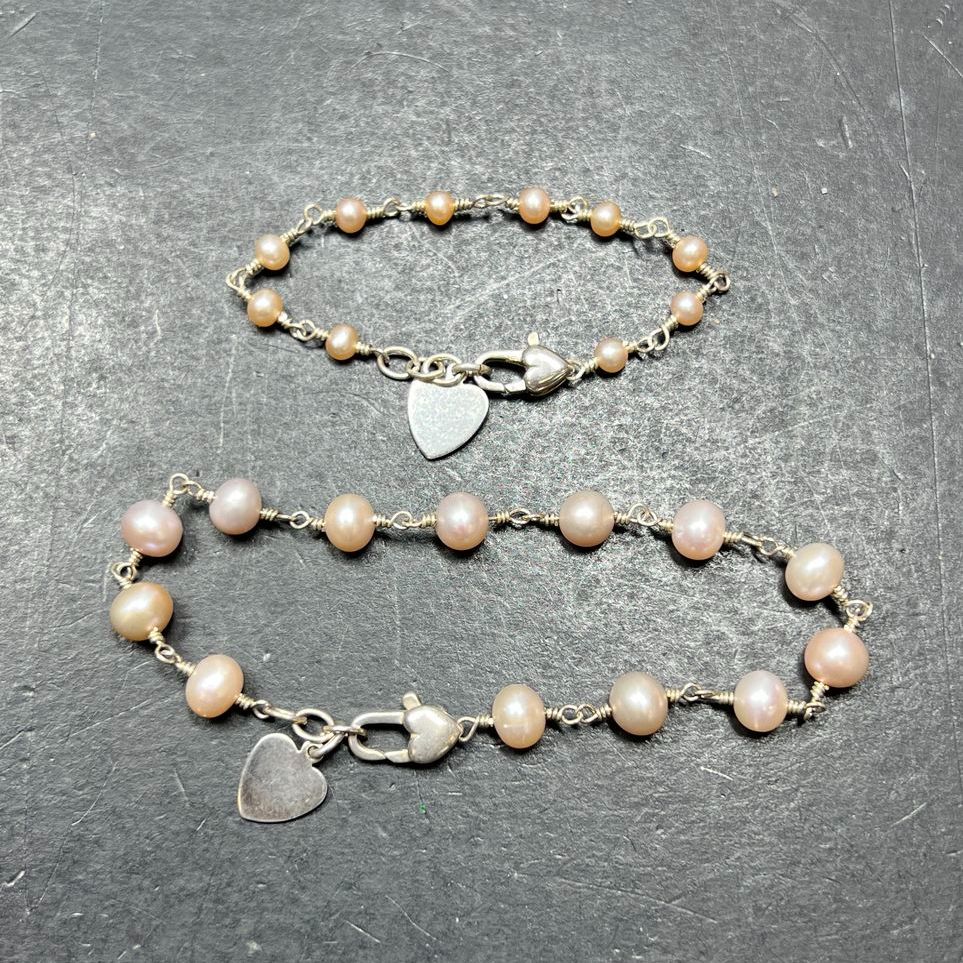 Pink Pearl & Sterling Silver Mother & Daughter Child Matching Bracelets