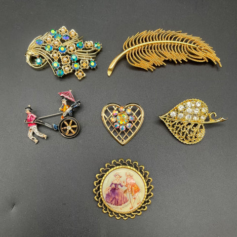 Vintage Monet W. Germany Brooch Lot of 6 Rhinestone Portrait Rickshaw Feather