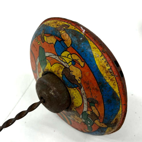 Vintage Toy Lot Fisher Price Music Box Teaching Clock & Tin Litho Spinning Tops