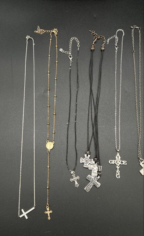 Religious Cross Pendant Necklaces Rosary Medals Jewelry Lot of 14 Gold Silver