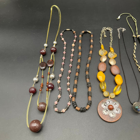 Boho Coastal Wood Resin Cord Jewelry Lot of 8 Necklaces Turtle Floral Pendants