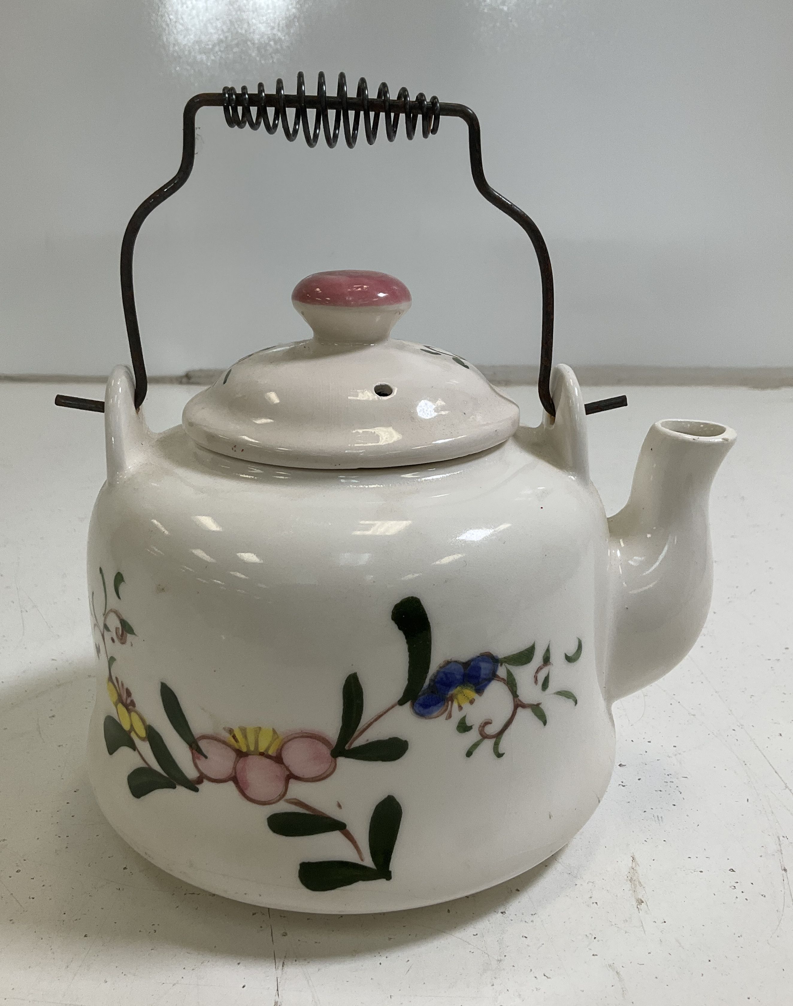 Vintage Hand Painted Floral Ceramic Teapot Kettle White Metal Bail Handle