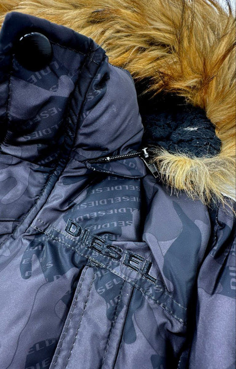Diesel Kids Black Gray Camo Puffer Coat Faux Fur Hood Parka Sz M 10/12