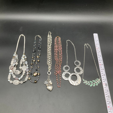 Costume Jewelry Necklace Lot of 6 Silver Tone Beaded Heart Leaf Motif Statement