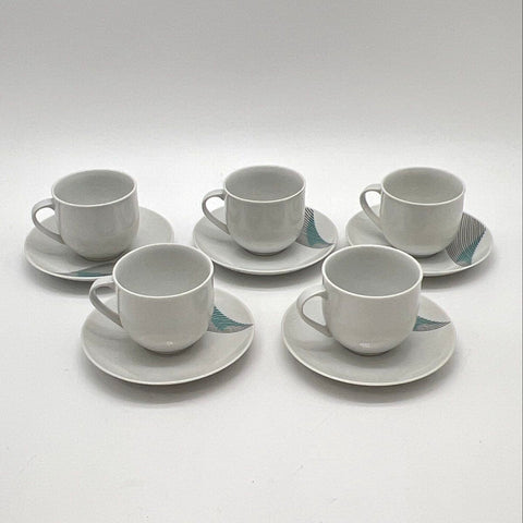 Bohemia 10 Pc Cup Saucer Set Abstract Line Teal Grey Vintage Czechoslovakia