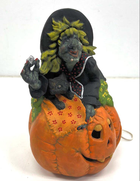 Vintage Halloween Witch Black Cat Pumpkin Jack O'Lantern Ceramic Light Lamp