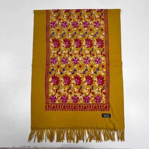 Women's Mustard Yellow Embroidered Floral Cashmere Scarf Fringe Wrap 82x28