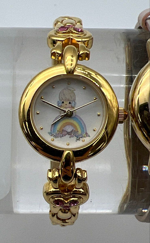 Vintage Precious Moments Gold Tone Watch Lot of 3 Pink Rhinestone Heart Leather