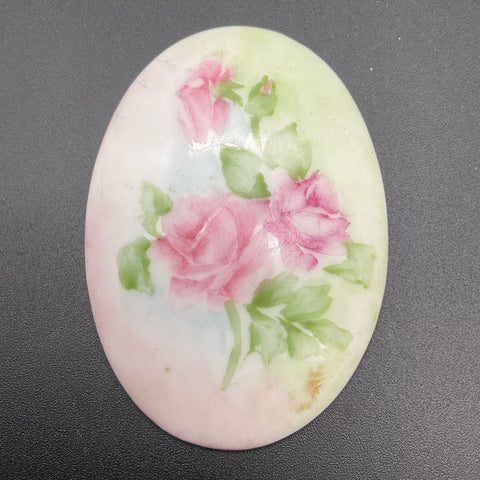Vintage Hand Painted Porcelain Floral Brooch Lot 2 Pink Rose Blue Flower Signed