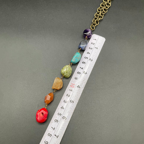 Tumbled Stone Chakra Statement Necklace Gold Tone Rainbow 7 Stone Drop 18"