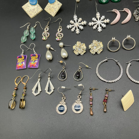 Vintage to Modern Costume Jewelry Lot 35+ Pairs Novelty Boho Hoops Studs Dangles