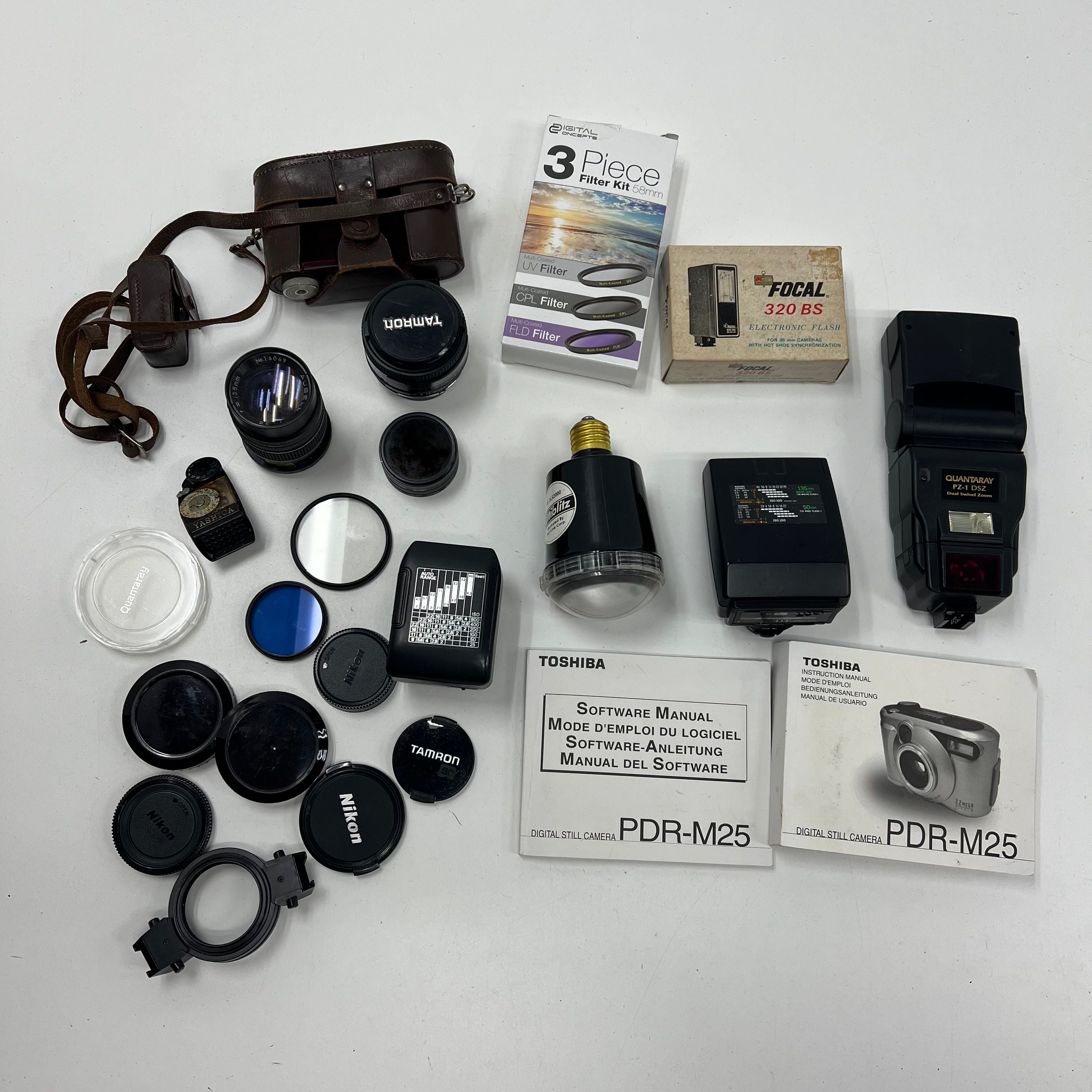 Vintage Camera Accessories Lot Nikon Tamron Lenses Flashes Light Meter Filters