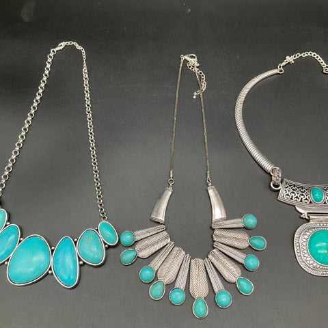 Southwestern Style Faux Turquoise Silver Tone Necklace Jewelry Lot of 5