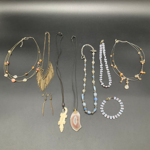 Boho Eclectic Jewelry Lot 10 Pieces Agate Fringe Beaded Necklaces Earrings