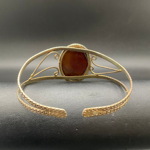 Vintage Gold Tone Red Jasper Stone Cabochon Cuff Bracelet Boho Artisan 7.5"