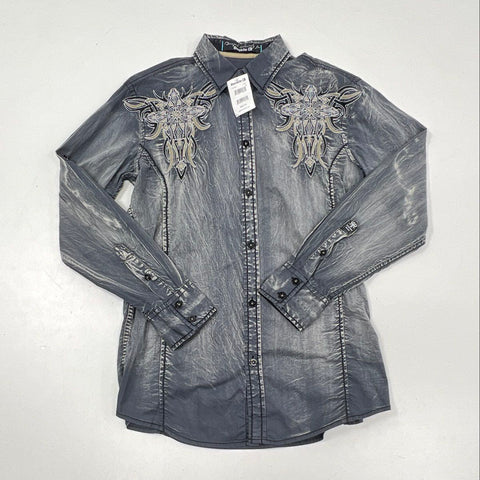 Roar Men's Gray Acid Wash Embroidered Tribal Cross Button Up Shirt Sz S NWT