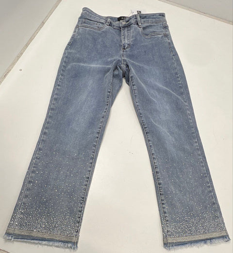 Joseph Ribkoff Women's Blue Crystal Embellished Blasted Raw Hem Jeans Sz 10 NWT