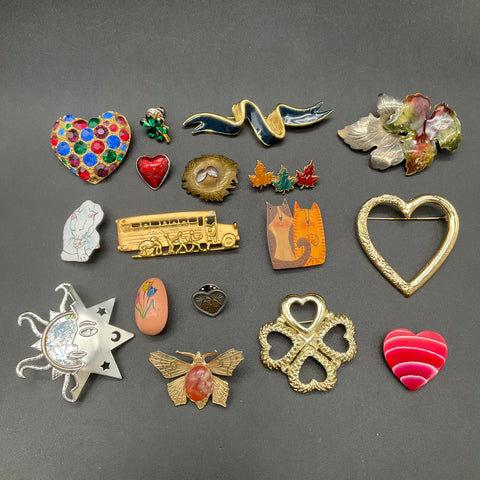 Vintage to Modern Mixed Costume Jewelry Brooch Lot of 17 Enamel Rhinestone 0.4lb