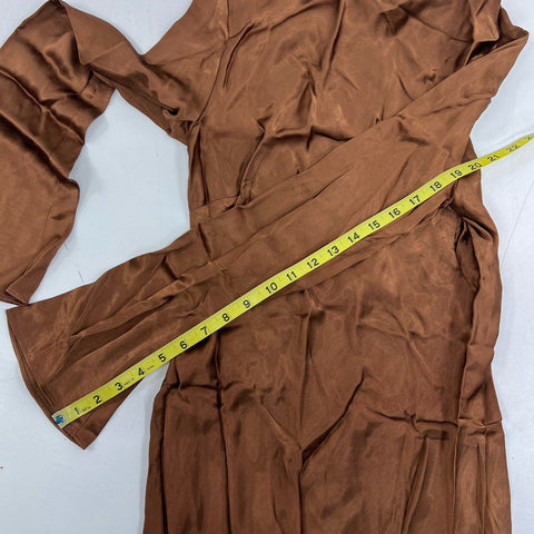 Anthropologie Women's Brown Satin Long Bell Sleeve Back Tie Mini Dress NWT Sz XS
