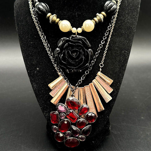 Bold Fashion Statement Costume Jewelry Lot 4 Necklaces Beads Floral Red Stones