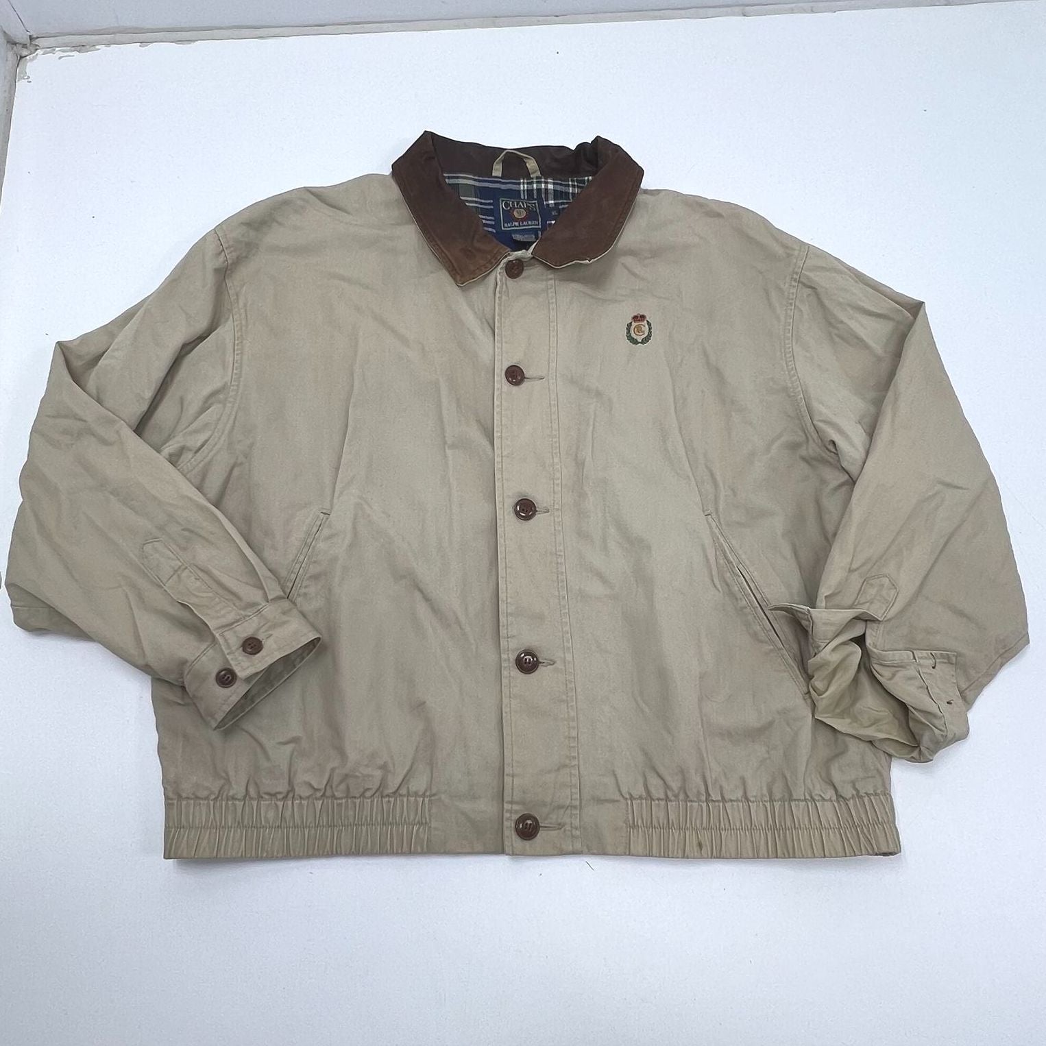 Vintage 90s Chaps Ralph Lauren Tan Leather Collar Bomber Jacket Men's XL