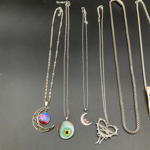 Silver Tone Jewelry Lot 9 Necklaces Boho Geometric Moon Heart Feather Tassel