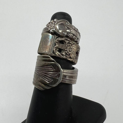 Vintage Silver Tone Spoon Rings Art Deco Floral Style Jewelry Lot of 3