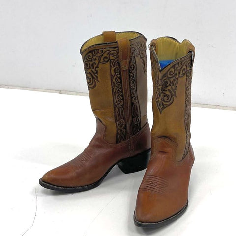 Vintage 80s Two Tone Brown Tooled Leather Western Cowboy Boots Size 3.5D