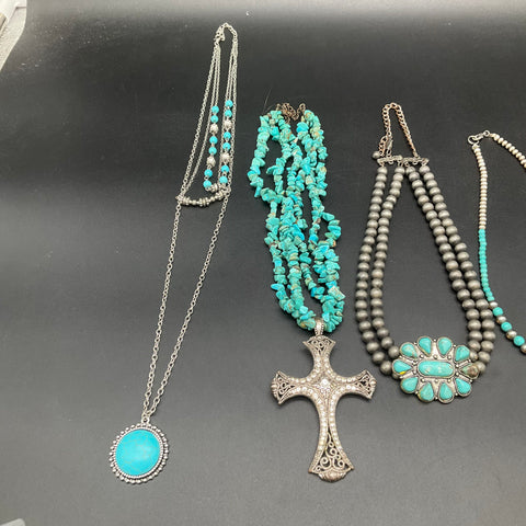 Southwestern Style Faux Turquoise Jewelry Lot of 6 Necklaces Silver Tone Cross