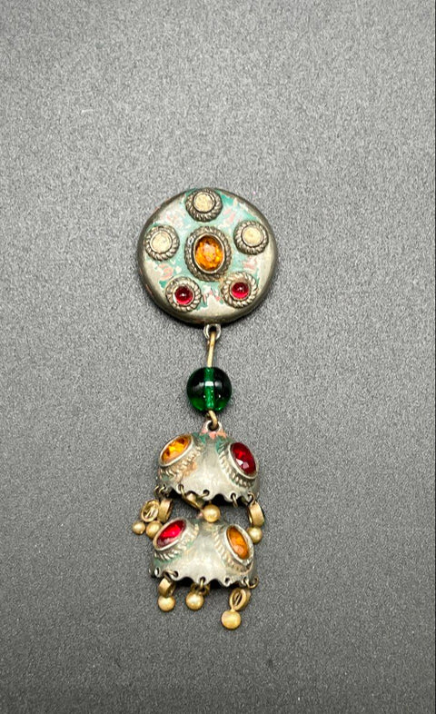 Vintage Ethnic Indian Jhumka Dangle Brooch Hair Pin Glass Cabochons 4.5"
