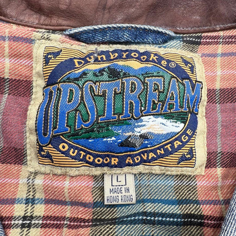 Vintage 90s Dunbrooke Mens Denim Trucker Jacket Leather Collar Flannel Lined L